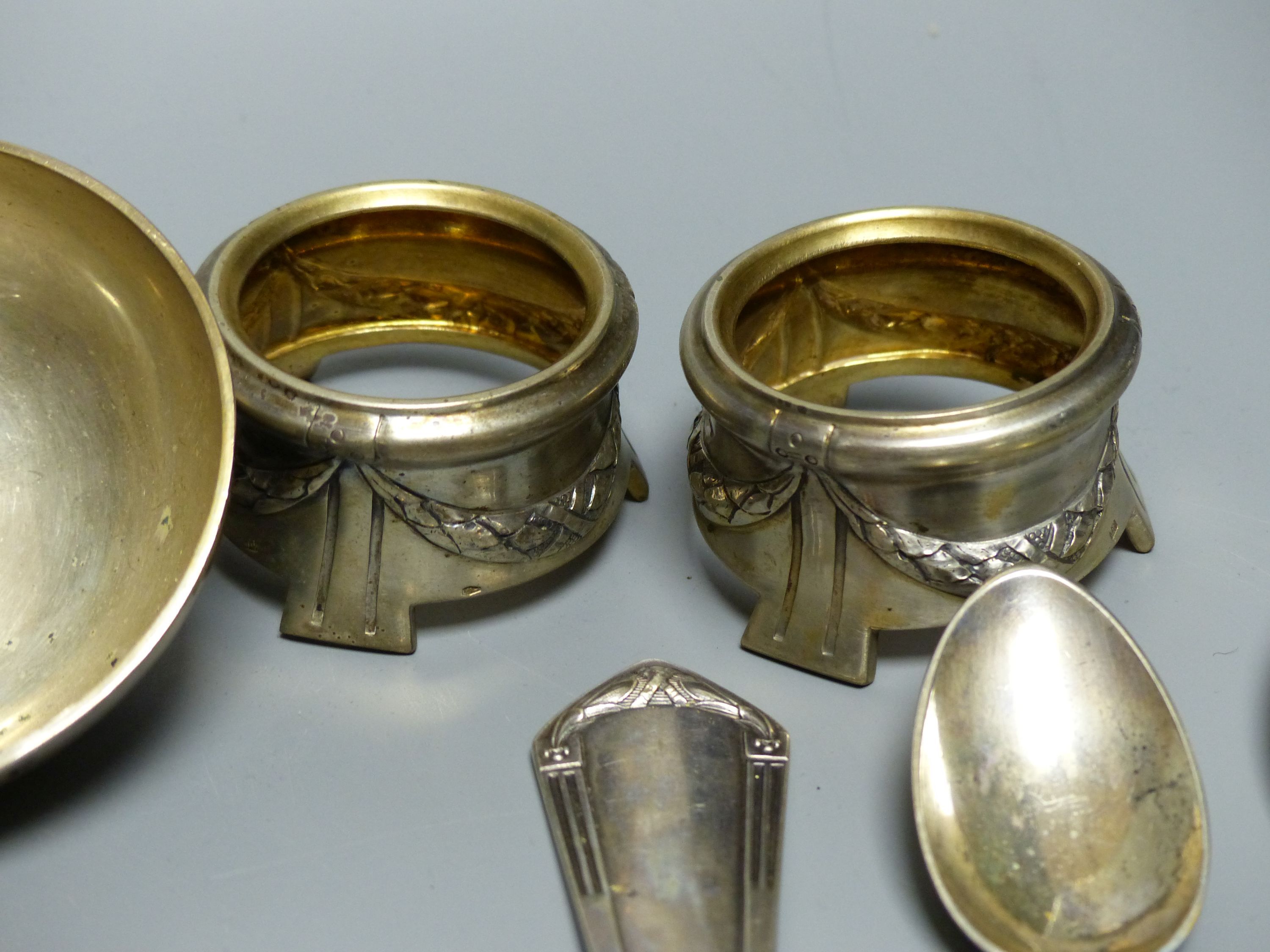 Four Austro Hungarian white metal salts and a quantity of assorted similar flatware etc.